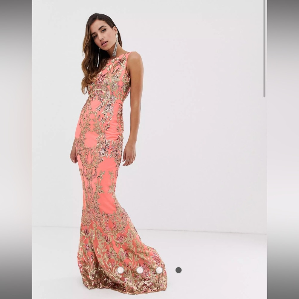 Goddiva Sequin Embellished Maxi Dress in Coral